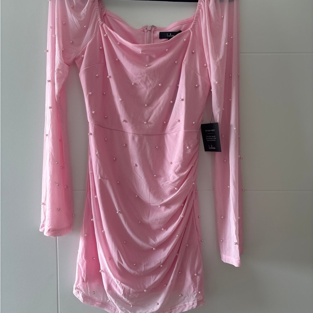 Lulu's Pink Long Sleeve Dress with Pearl Accents